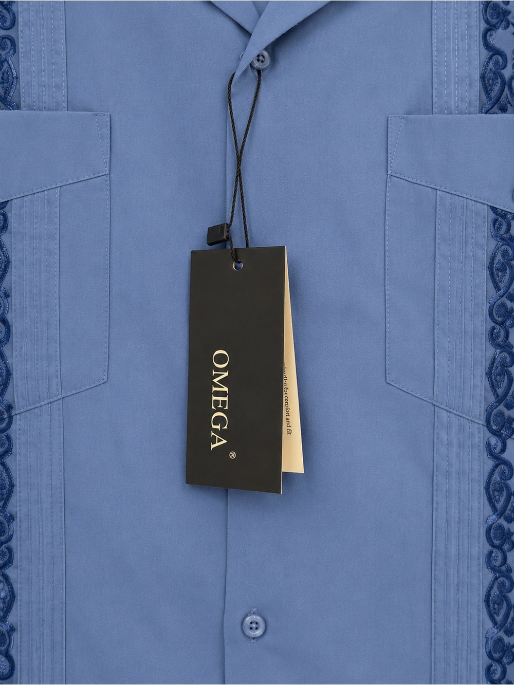 Omega Italy Guayabera Shirt XL Blue Embroidered Camp Collar 4 Pocket NWT Men - Picture 6 of 7
